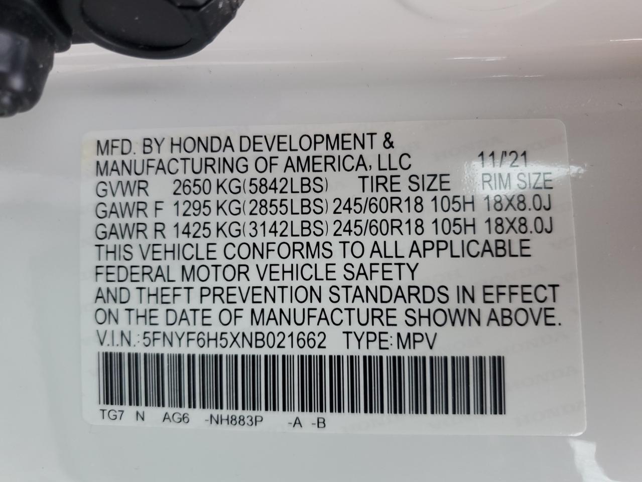 2022 Honda Pilot Exl VIN: 5FNYF6H5XNB021662 Lot: 69177935