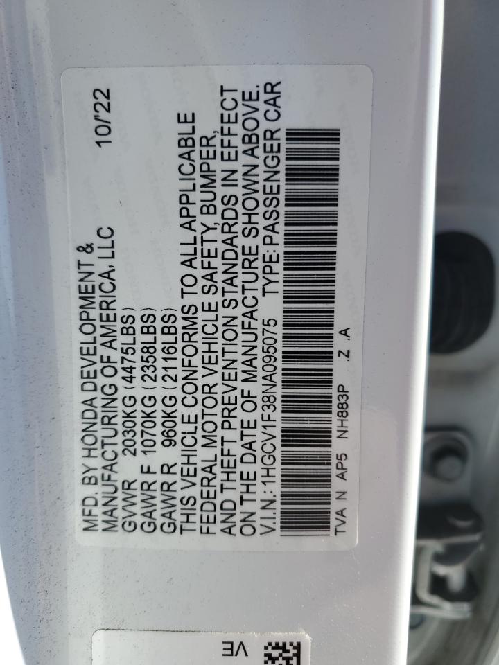 2022 Honda Accord Sport VIN: 1HGCV1F38NA095075 Lot: 70427325