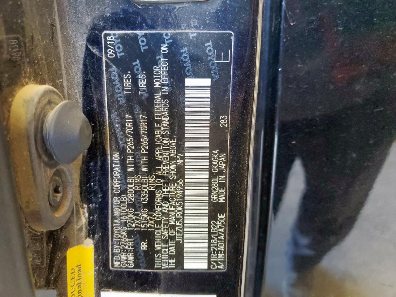 2019 Toyota 4Runner Sr5 VIN: JTEZU5JR0K5194956 Lot: 70013975