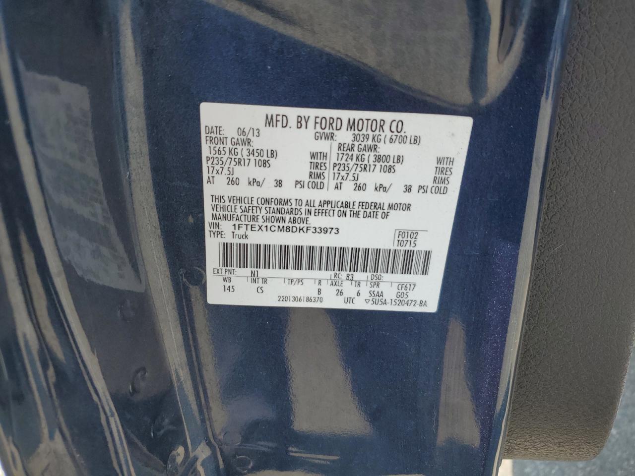 2013 Ford F150 Super Cab VIN: 1FTEX1CM8DKF33973 Lot: 67834875