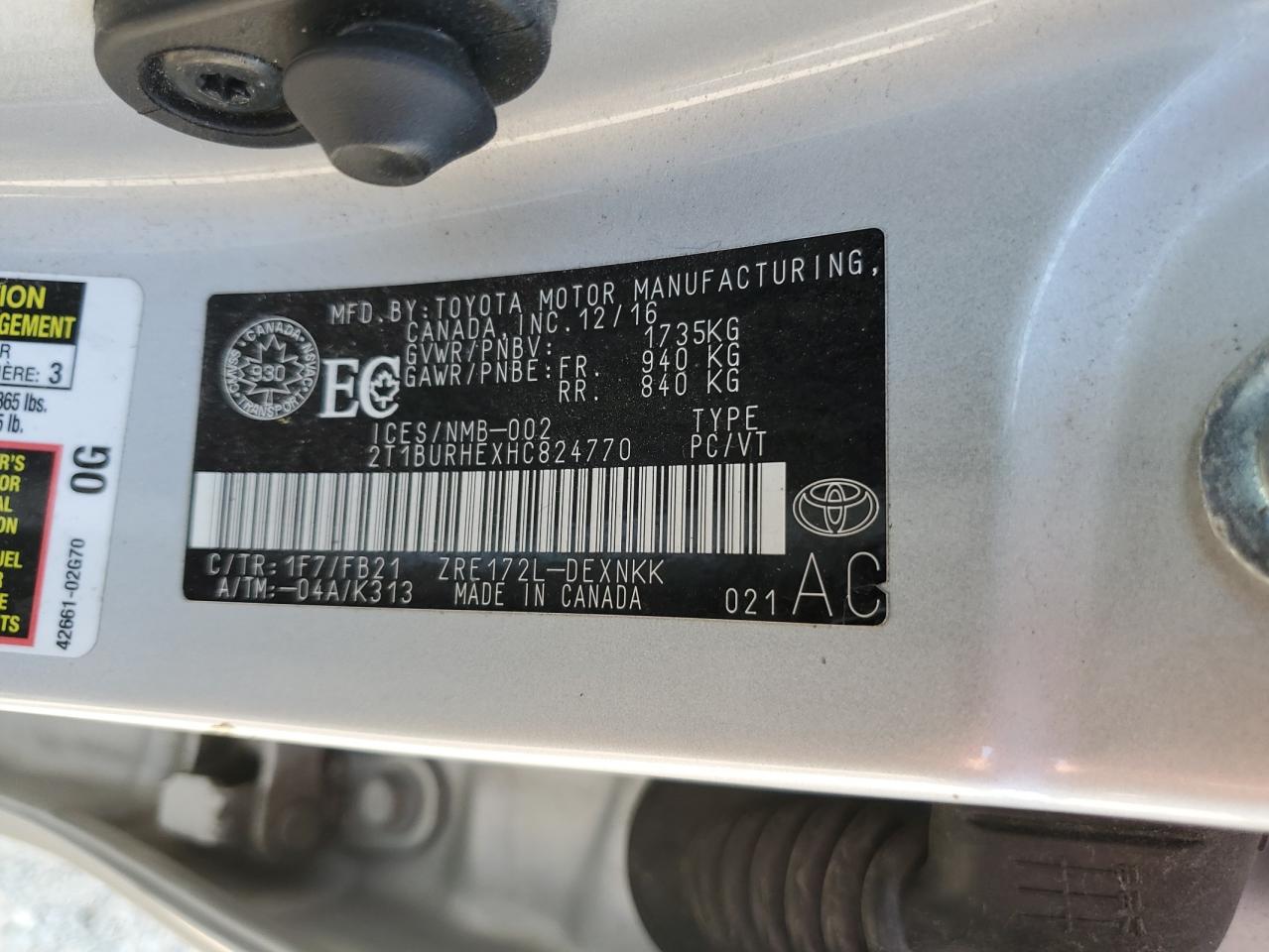 2017 Toyota Corolla L VIN: 2T1BURHEXHC824770 Lot: 68906005