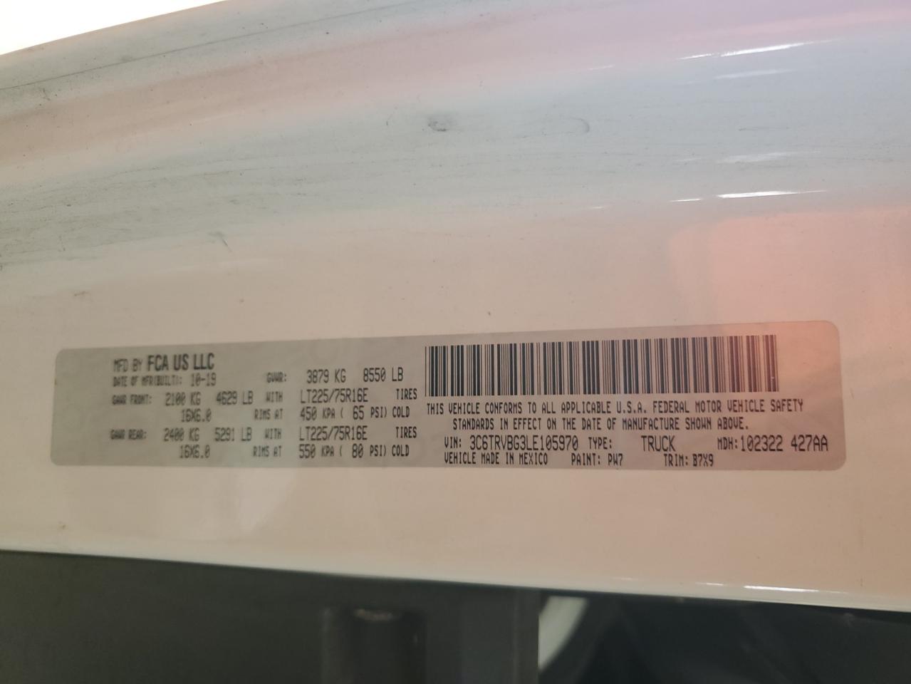 2020 Ram Promaster 1500 1500 High VIN: 3C6TRVBG3LE105970 Lot: 69621305