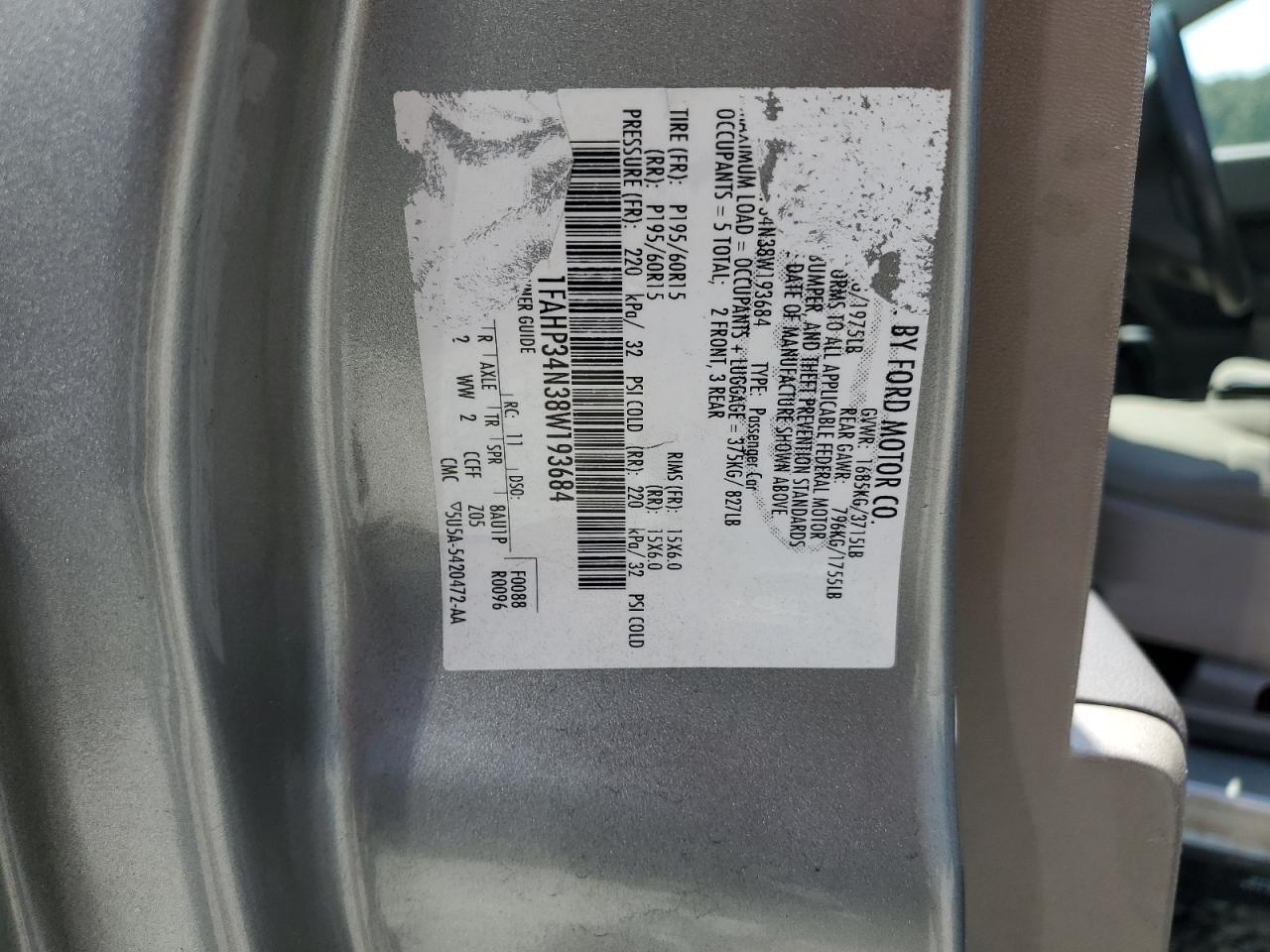 2008 Ford Focus S/Se VIN: 1FAHP34N38W193684 Lot: 68475855