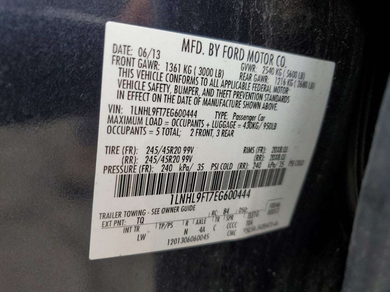 2014 Lincoln Mks VIN: 1LNHL9FT7EG600444 Lot: 69143545