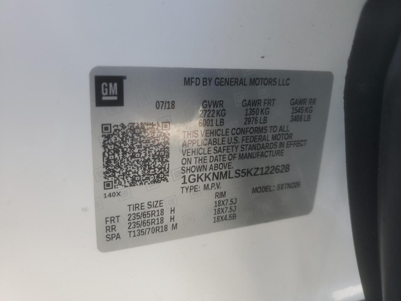 2019 GMC Acadia Slt-1 VIN: 1GKKNMLS5KZ122628 Lot: 70183365