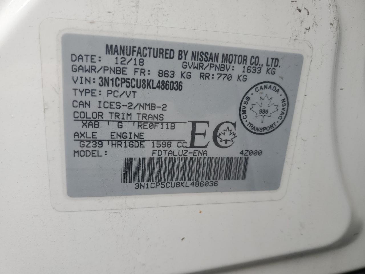 2019 Nissan Kicks S VIN: 3N1CP5CU8KL486036 Lot: 68444065