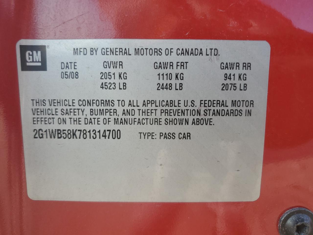 2008 Chevrolet Impala Ls VIN: 2G1WB58K781314700 Lot: 68106655