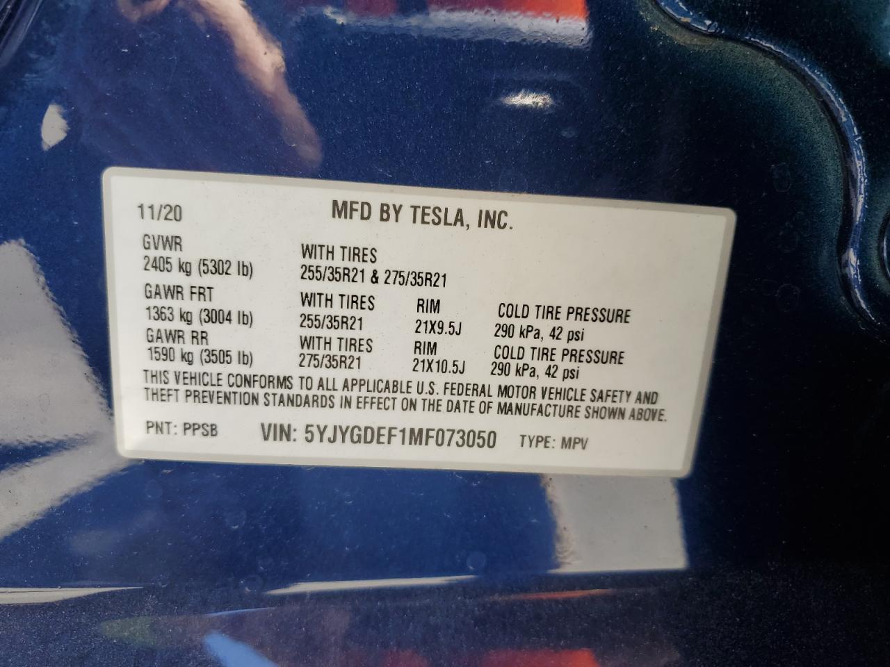 2021 Tesla Model Y VIN: 5YJYGDEF1MF073050 Lot: 66729175