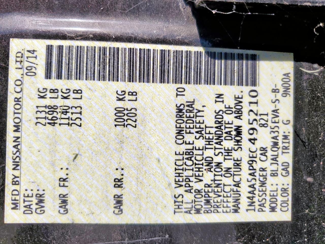 2014 Nissan Maxima S VIN: 1N4AA5AP9EC495210 Lot: 66052645