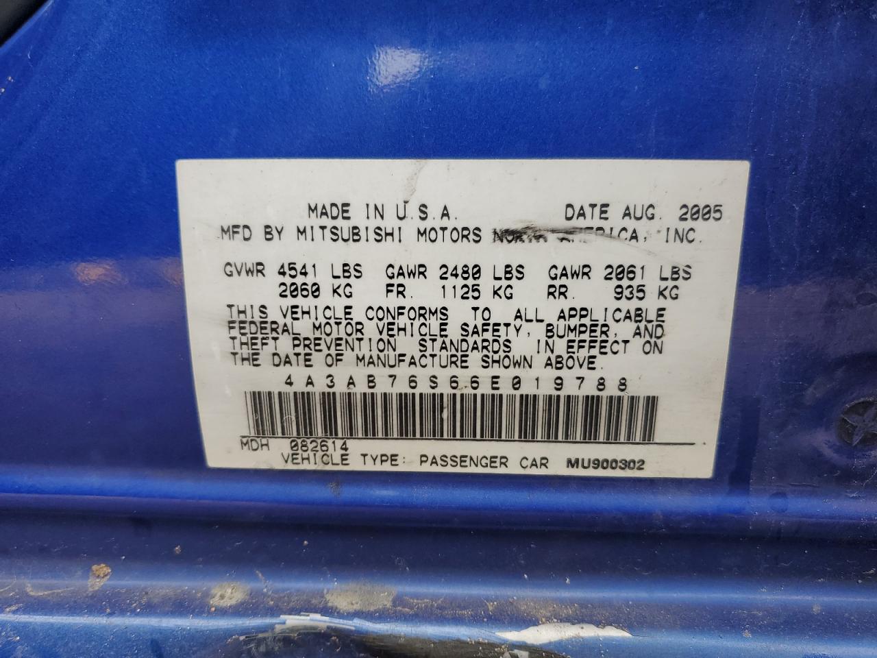 2006 Mitsubishi Galant Gts VIN: 4A3AB76S66E019788 Lot: 70377185