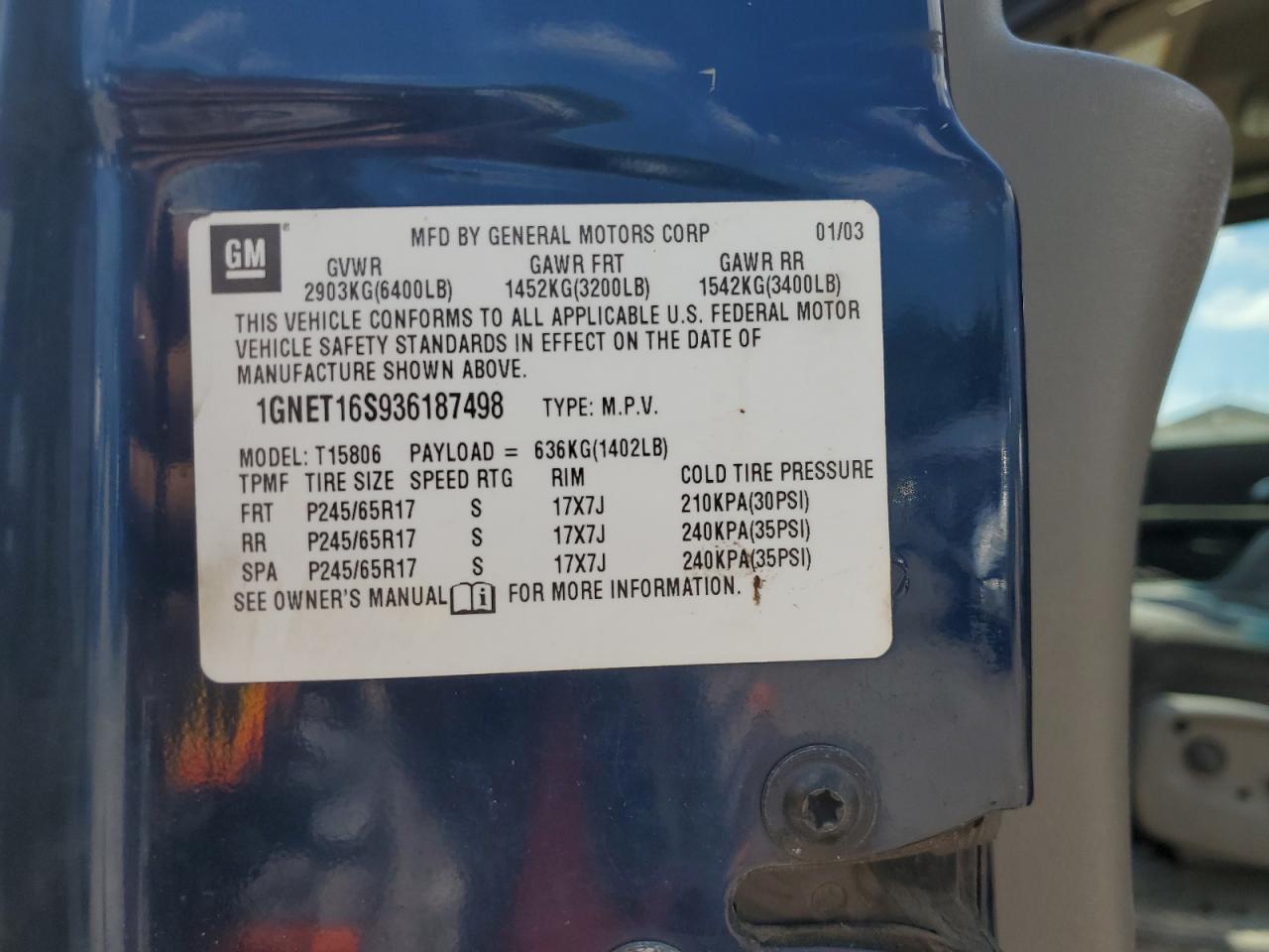 2003 Chevrolet Trailblazer Ext VIN: 1GNET16S936187498 Lot: 69054275