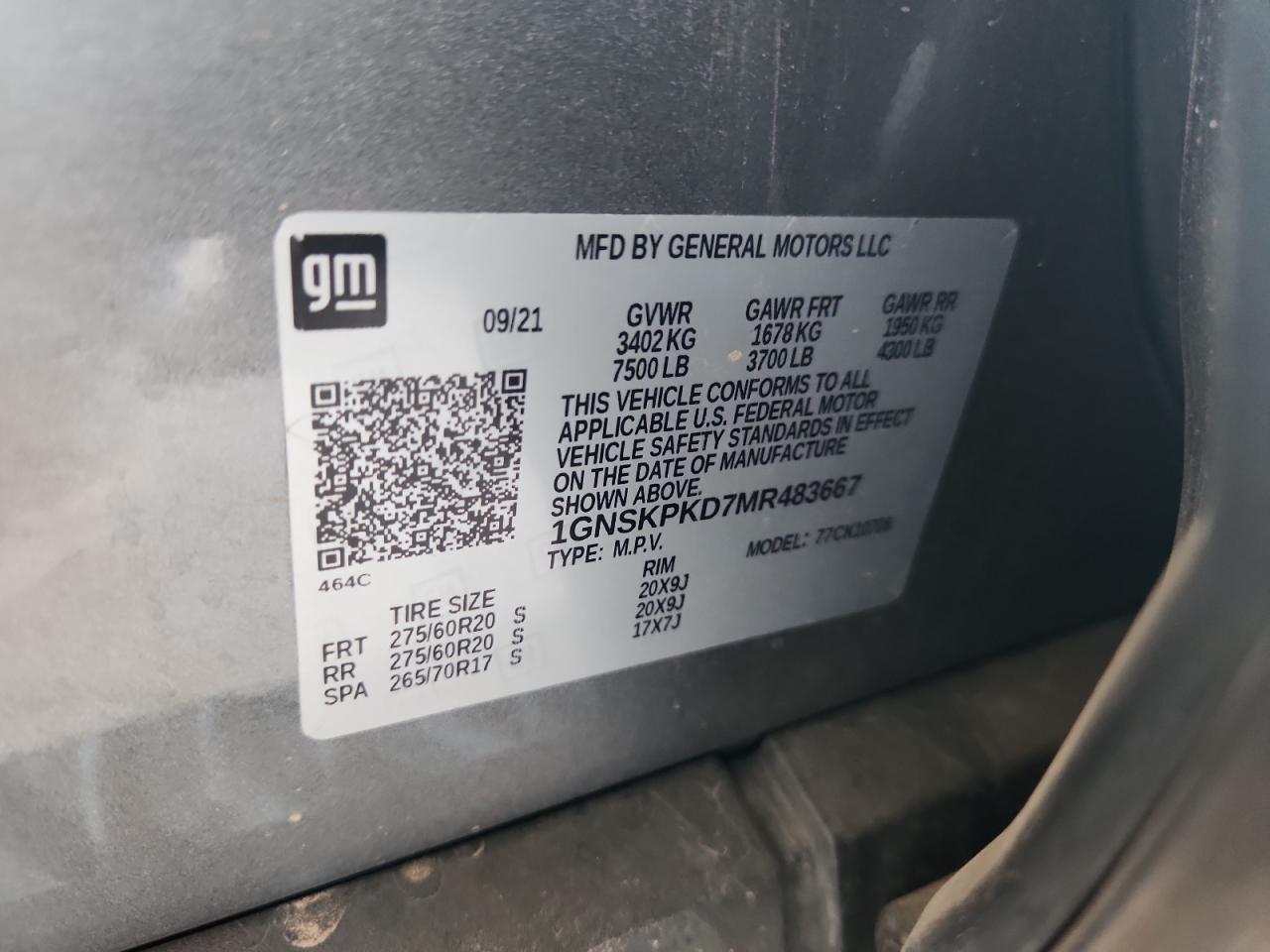 2021 Chevrolet Tahoe K1500 Z71 VIN: 1GNSKPKD7MR483667 Lot: 69703085