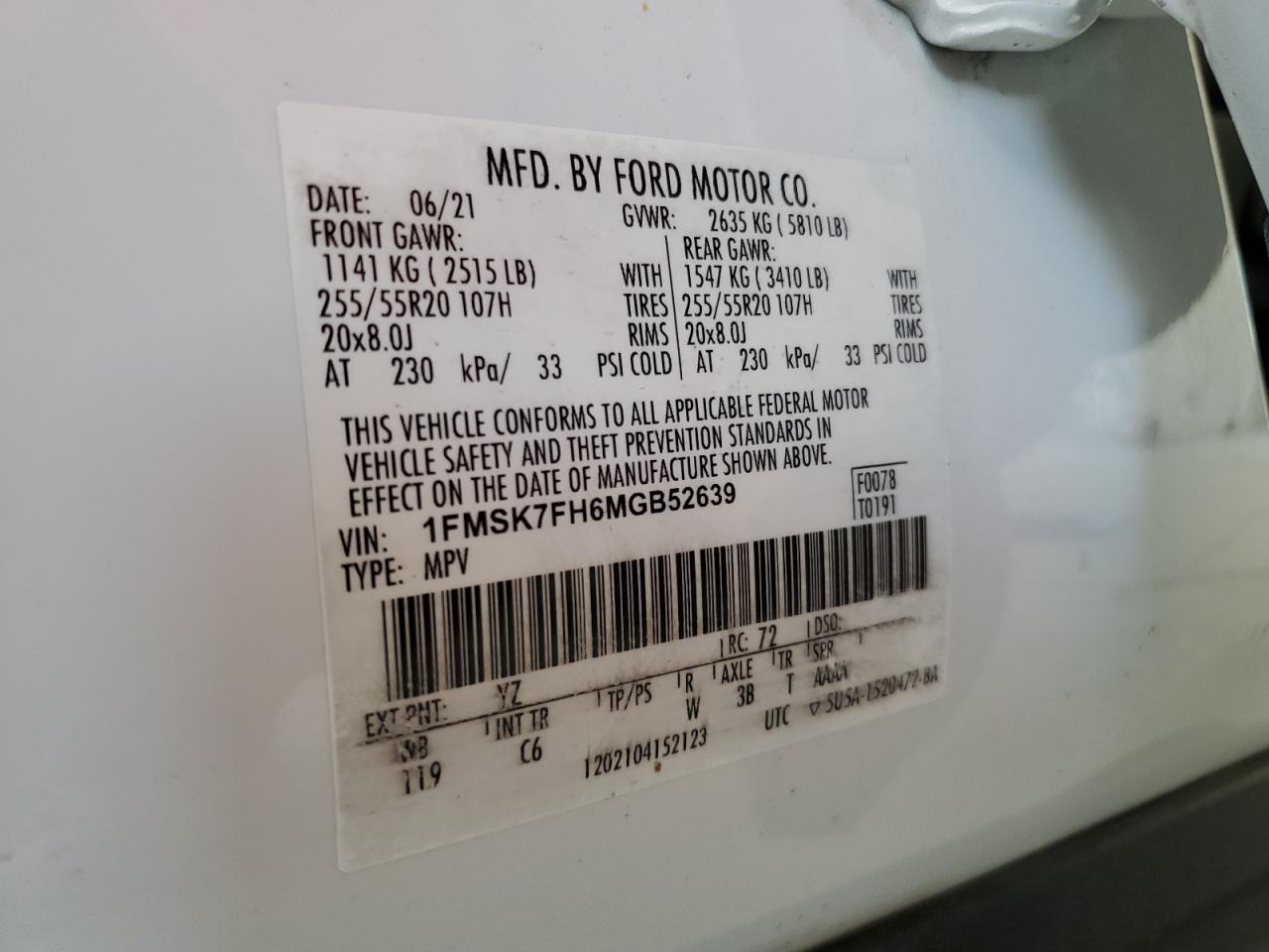 2021 Ford Explorer Limited VIN: 1FMSK7FH6MGB52639 Lot: 69626475