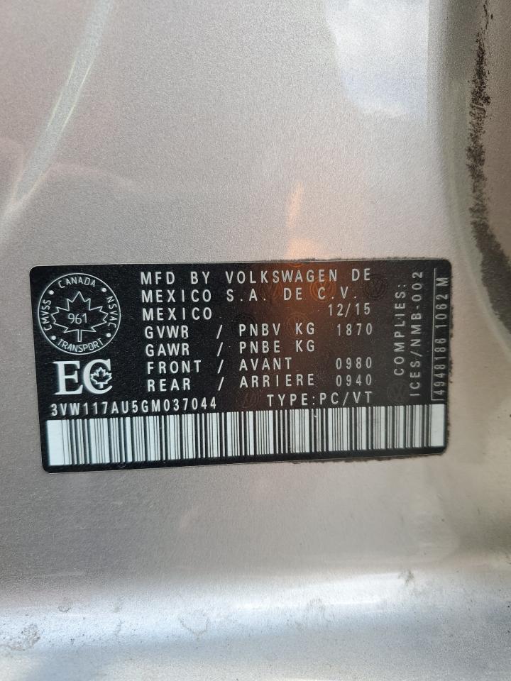 2016 Volkswagen Golf S VIN: 3VW117AU5GM037044 Lot: 69065225