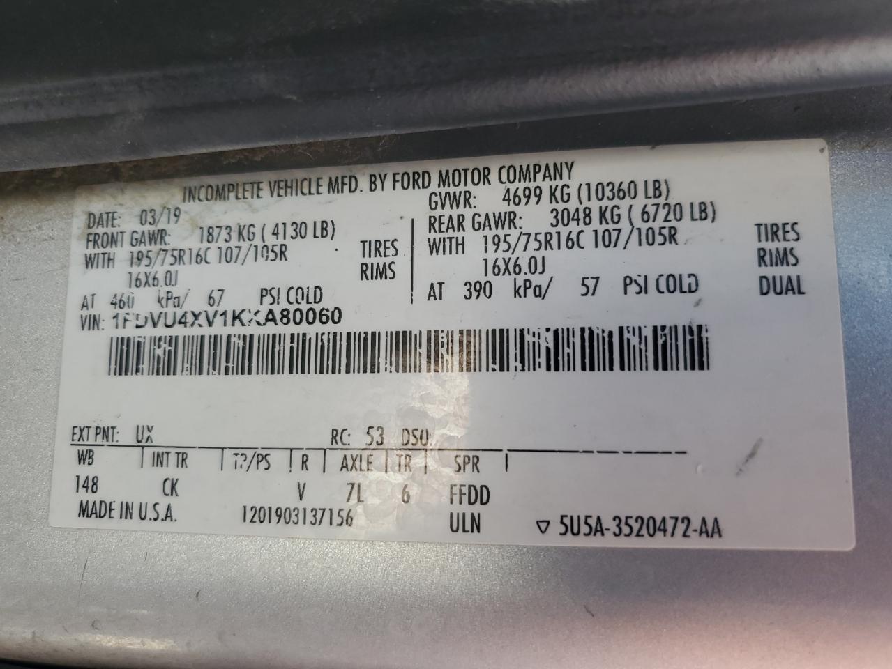 2019 Ford Transit T-350 Hd VIN: 1FDVU4XV1KKA80060 Lot: 68203295