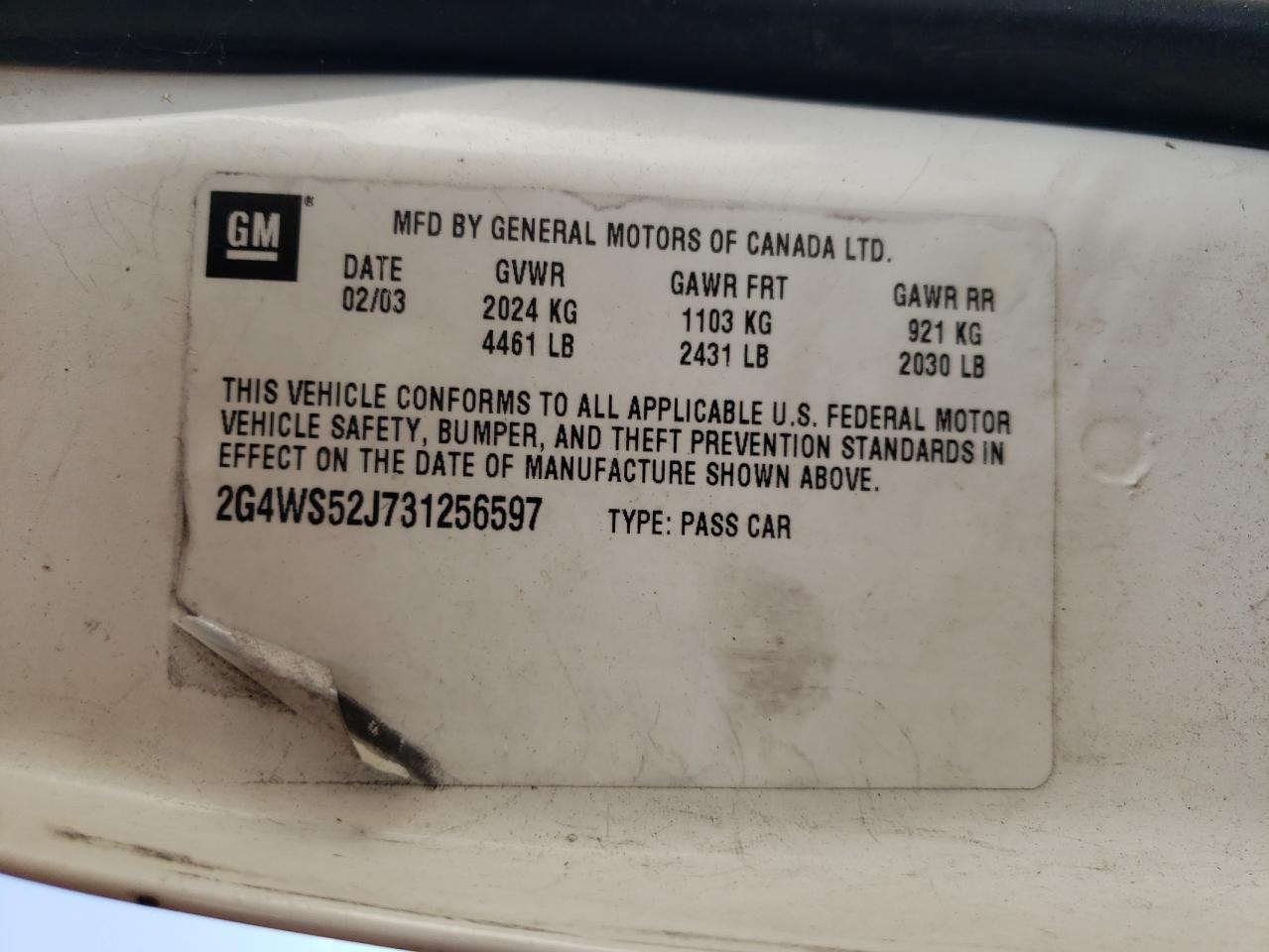 2003 Buick Century Custom VIN: 2G4WS52J731256597 Lot: 94538145