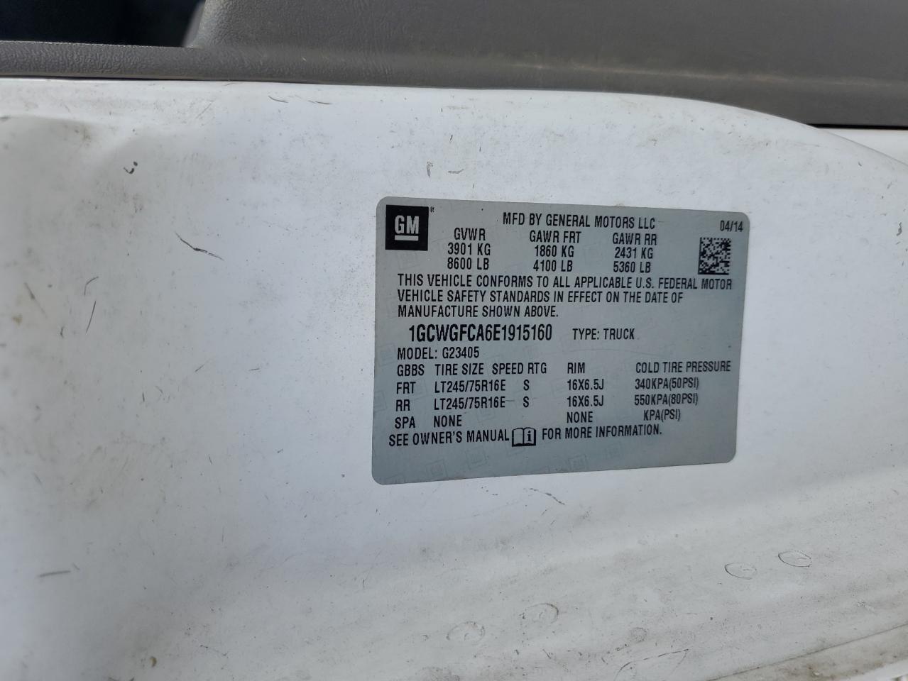 2014 Chevrolet Express G2500 VIN: 1GCWGFCA6E1915160 Lot: 67986945