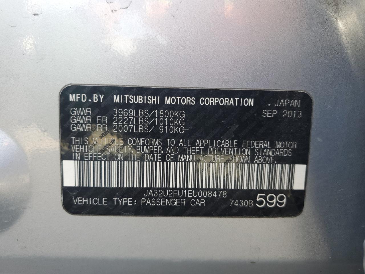 2014 Mitsubishi Lancer Es/Es Sport VIN: JA32U2FU1EU008478 Lot: 67284305