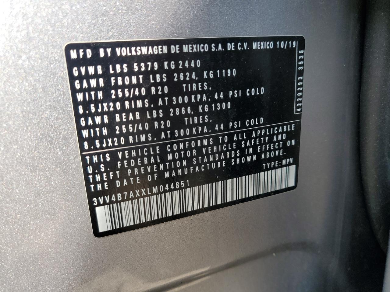 2020 Volkswagen Tiguan Sel Premium R-Line VIN: 3VV4B7AXXLM044851 Lot: 67355535