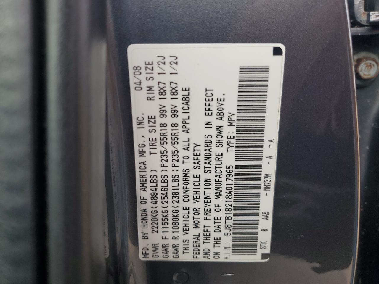 2008 Acura Rdx VIN: 5J8TB18218A017965 Lot: 67662675