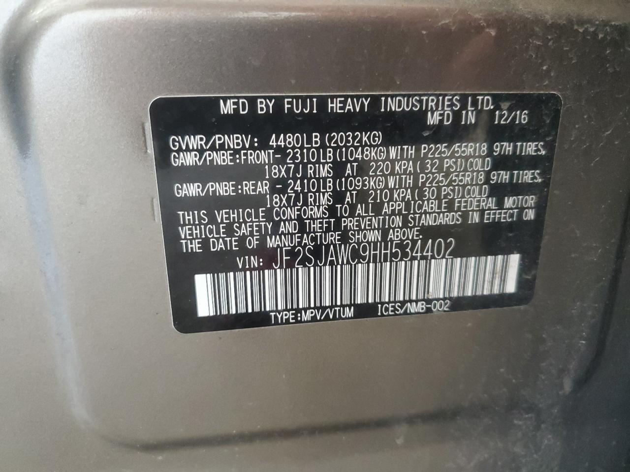 2017 Subaru Forester 2.5I Touring VIN: JF2SJAWC9HH534402 Lot: 68776805