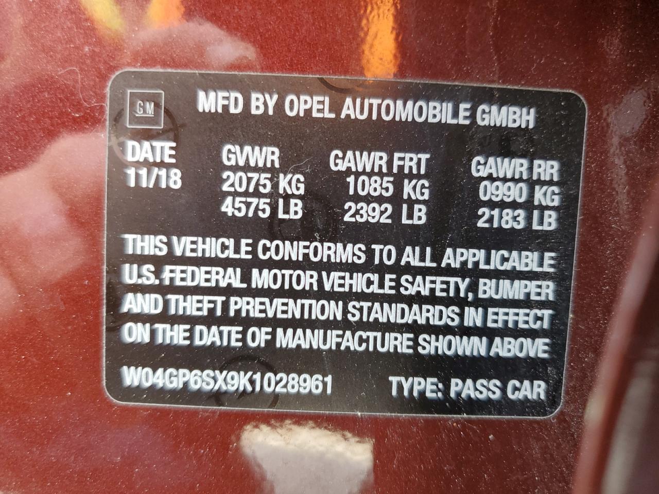 2019 Buick Regal Essence VIN: W04GP6SX9K1028961 Lot: 65134375