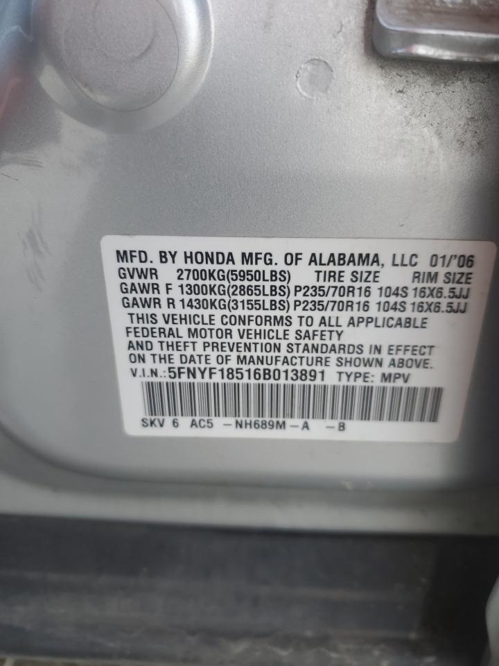 2006 Honda Pilot Ex VIN: 5FNYF18516B013891 Lot: 68643995