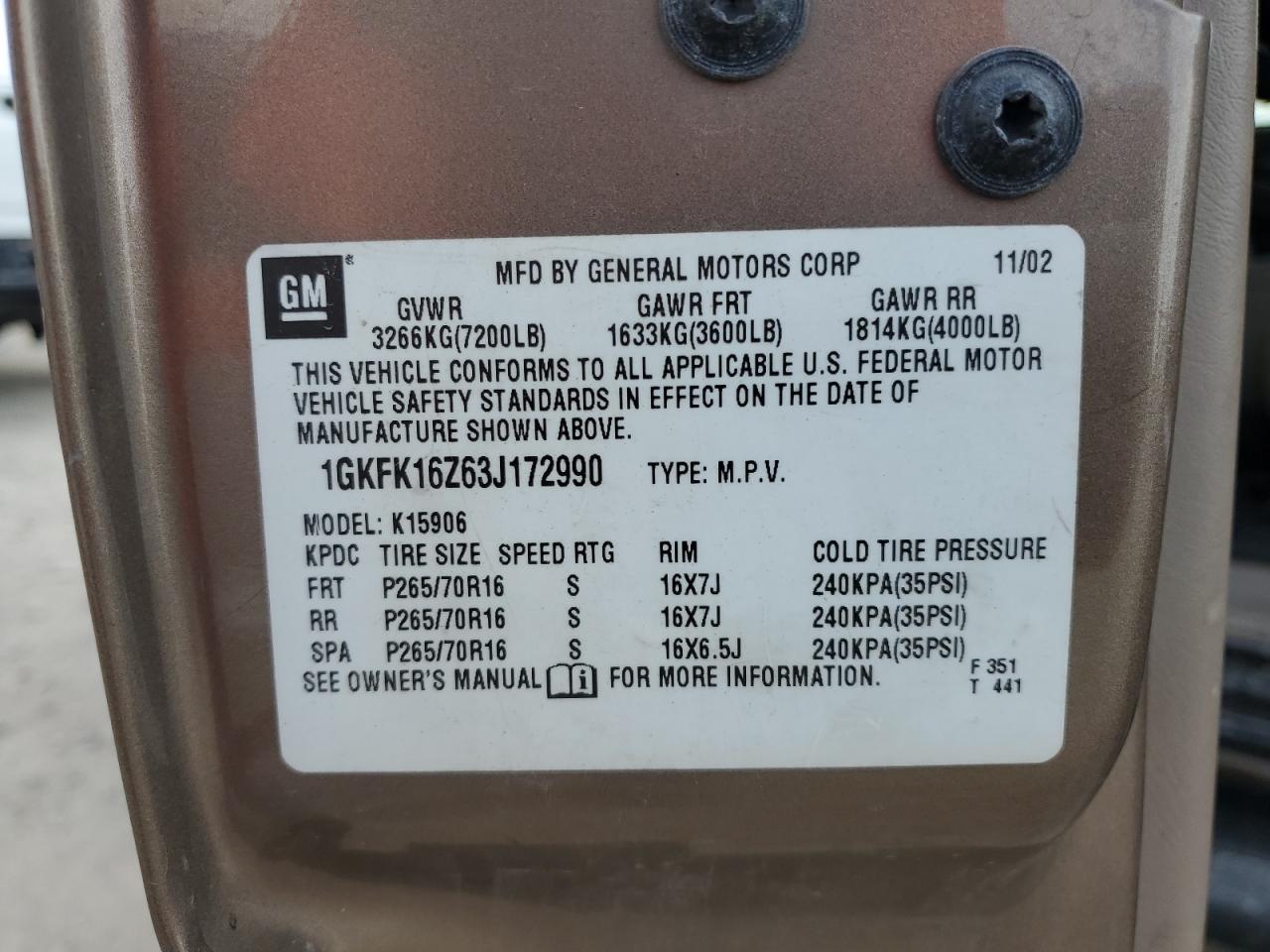 2003 GMC Yukon Xl K1500 VIN: 1GKFK16Z63J172990 Lot: 68291005