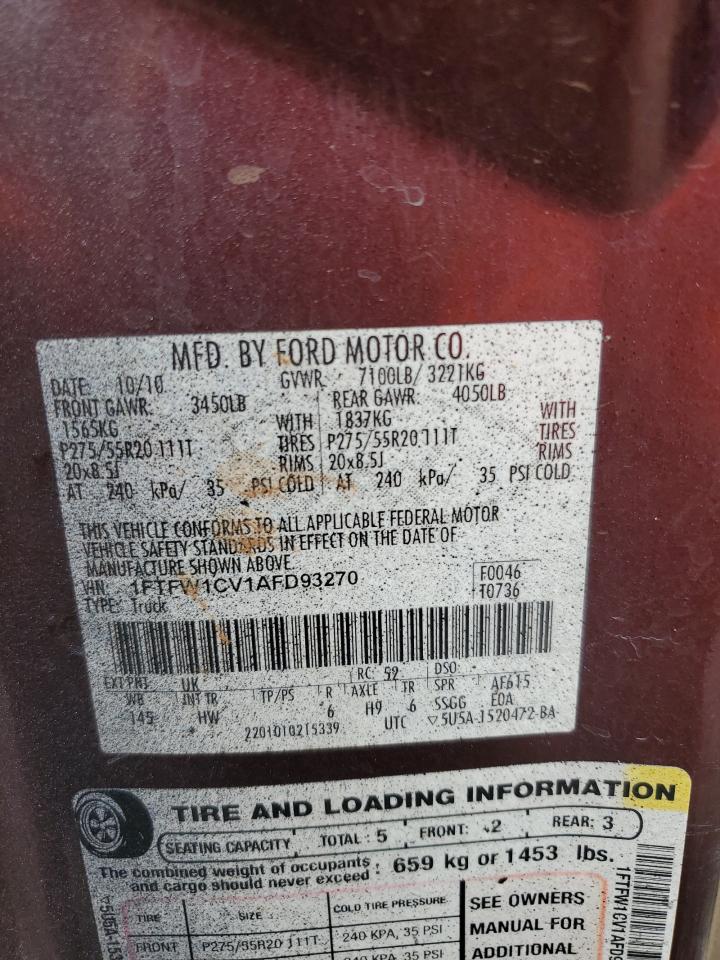 2010 Ford F150 Supercrew VIN: 1FTFW1CV1AFD93270 Lot: 70493685