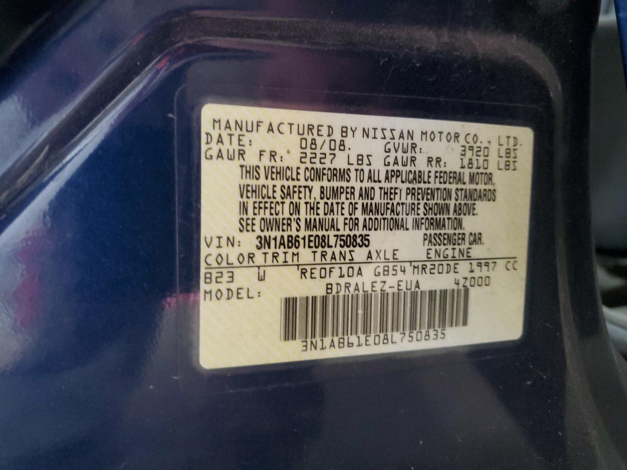 2008 Nissan Sentra 2.0 VIN: 3N1AB61E08L750835 Lot: 70603955