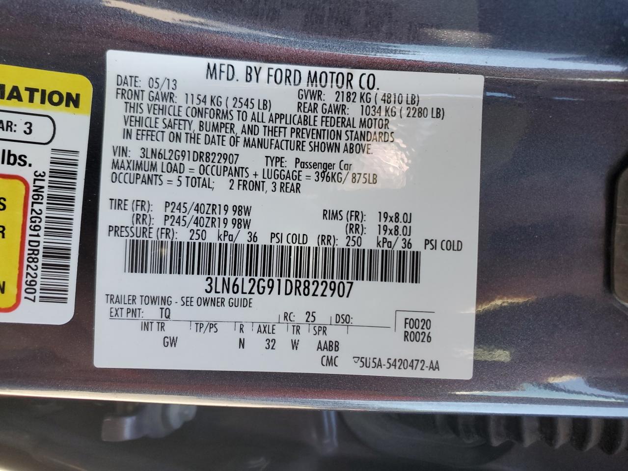 2013 Lincoln Mkz VIN: 3LN6L2G91DR822907 Lot: 69689675