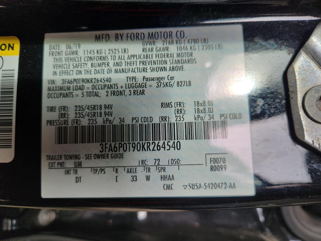 2019 Ford Fusion Se VIN: 3FA6P0T90KR264540 Lot: 67410905