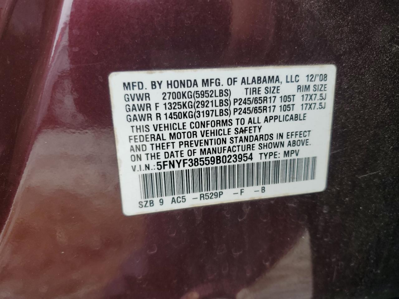2009 Honda Pilot Exl VIN: 5FNYF38559B023954 Lot: 68285745