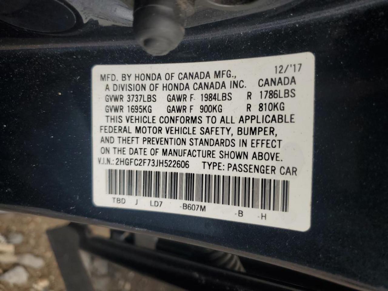 2018 Honda Civic Ex VIN: 2HGFC2F73JH522606 Lot: 69274725