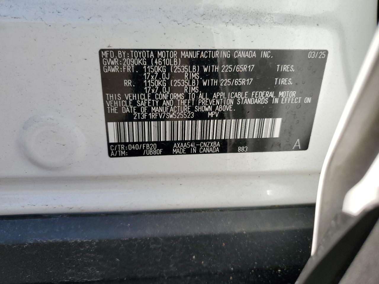 2025 Toyota Rav4 Le VIN: 2T3F1RFV7SW525523 Lot: 70700365