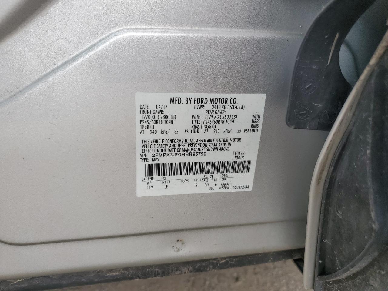 2017 Ford Edge Sel VIN: 2FMPK3J90HBB95790 Lot: 68028475