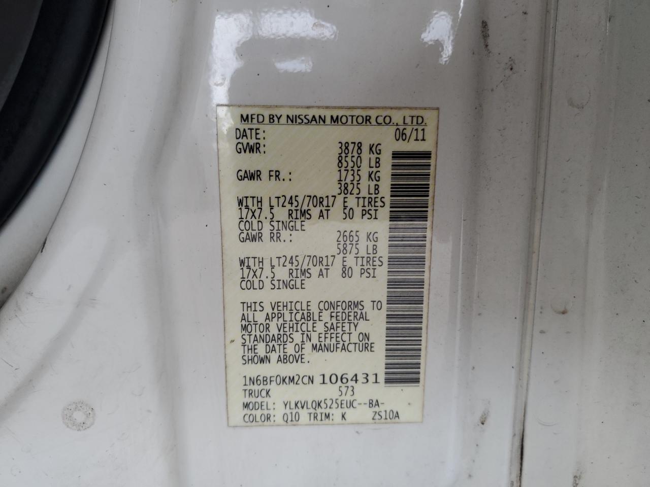 2012 Nissan Nv 1500 VIN: 1N6BF0KM2CN106431 Lot: 69772905