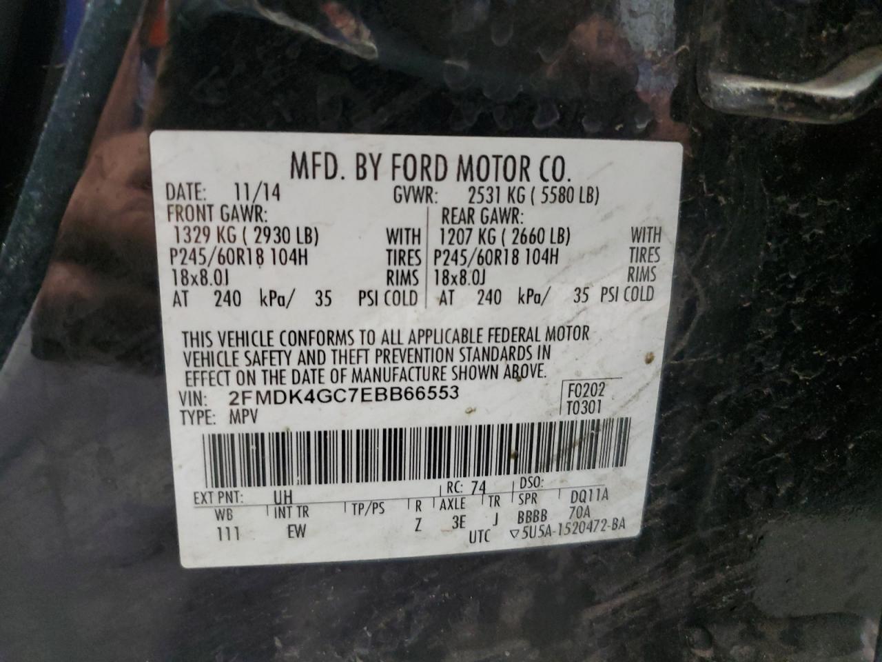 2014 Ford Edge Se VIN: 2FMDK4GC7EBB66553 Lot: 69935645