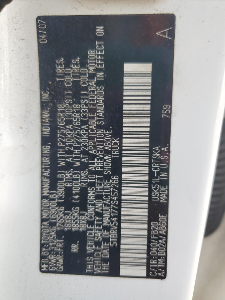 2007 Toyota Tundra Double Cab Sr5 VIN: 5TBRV54177S457266 Lot: 70081025