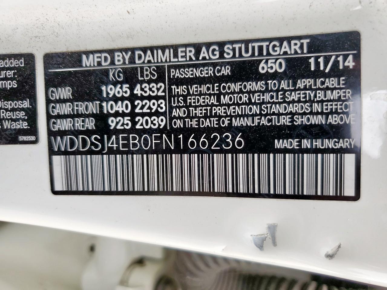 2015 Mercedes-Benz Cla 250 VIN: WDDSJ4EB0FN166236 Lot: 70165675