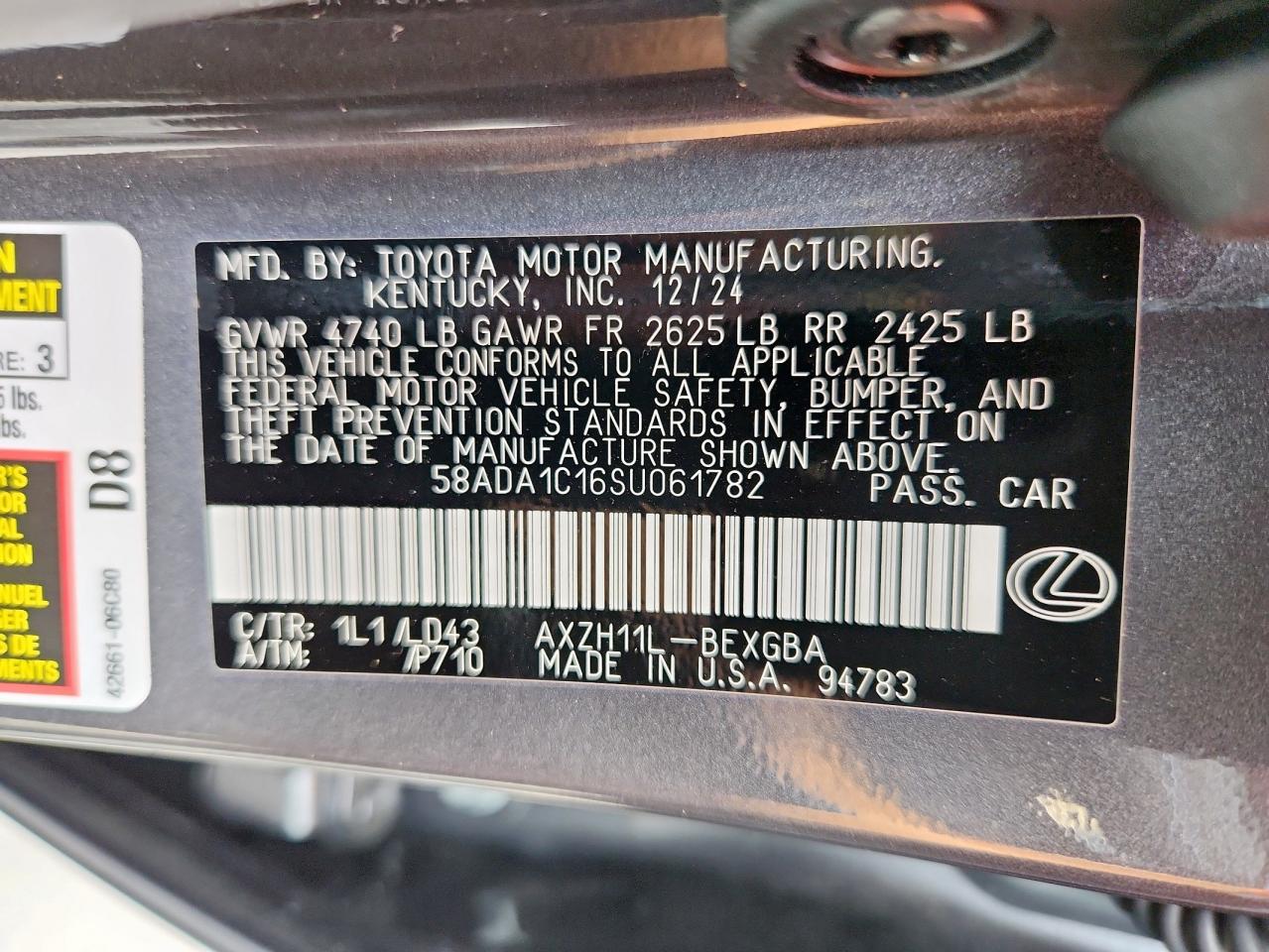 2025 Lexus Es 300H Base VIN: 58ADA1C16SU061782 Lot: 70824395