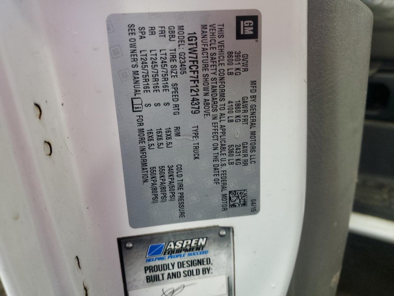 2015 GMC Savana Cargo 2500 13 VIN: 1GTW7FCF7F1214379 Lot: 71157585