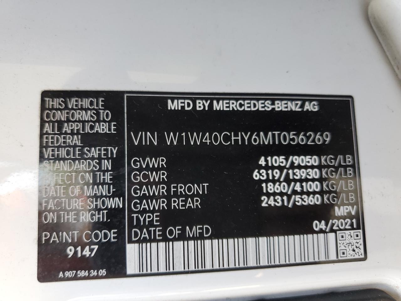 2021 Mercedes-Benz Sprinter 2500 VIN: W1W40CHY6MT056269 Lot: 68140165