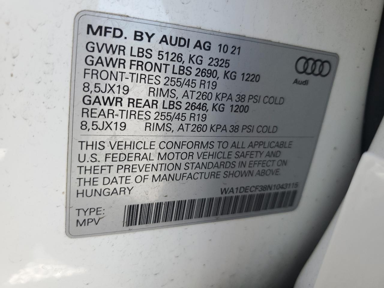 2022 Audi Q3 Premium S Line 45 VIN: WA1DECF38N1043115 Lot: 69457105