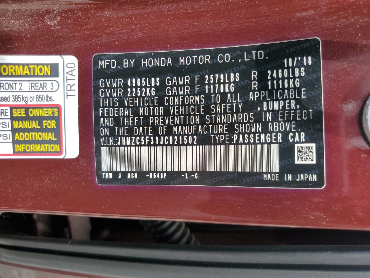 2018 Honda Clarity Plug-In Hybrid Touring VIN: JHMZC5F31JC021502 Lot: 43312841