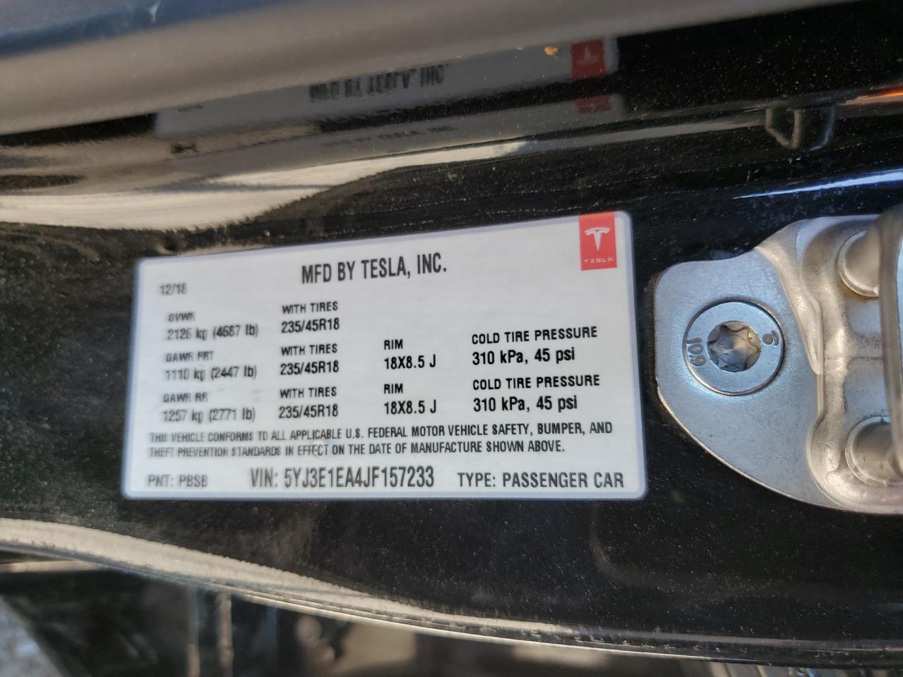 2018 Tesla Model 3 VIN: 5YJ3E1EA4JF157233 Lot: 70692585