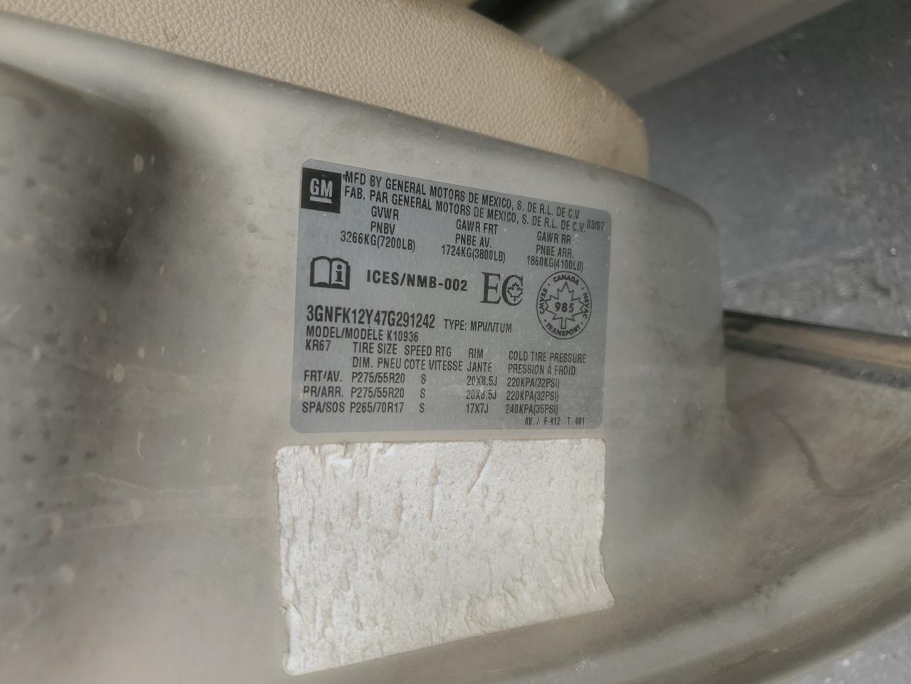 2007 Chevrolet Avalanche K1500 VIN: 3GNFK12Y47G291242 Lot: 70780505