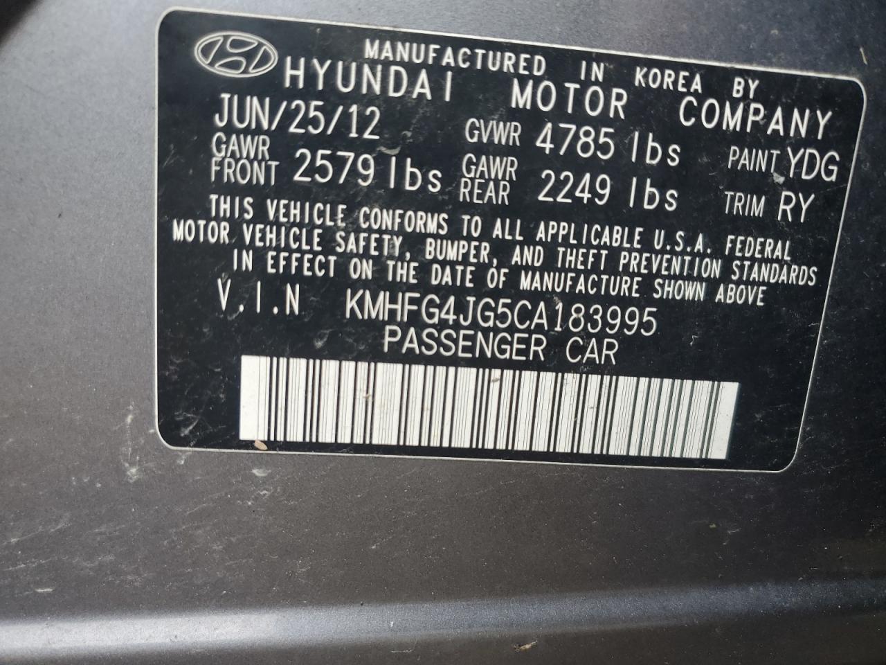 2012 Hyundai Azera Gls VIN: KMHFG4JG5CA183995 Lot: 68332385