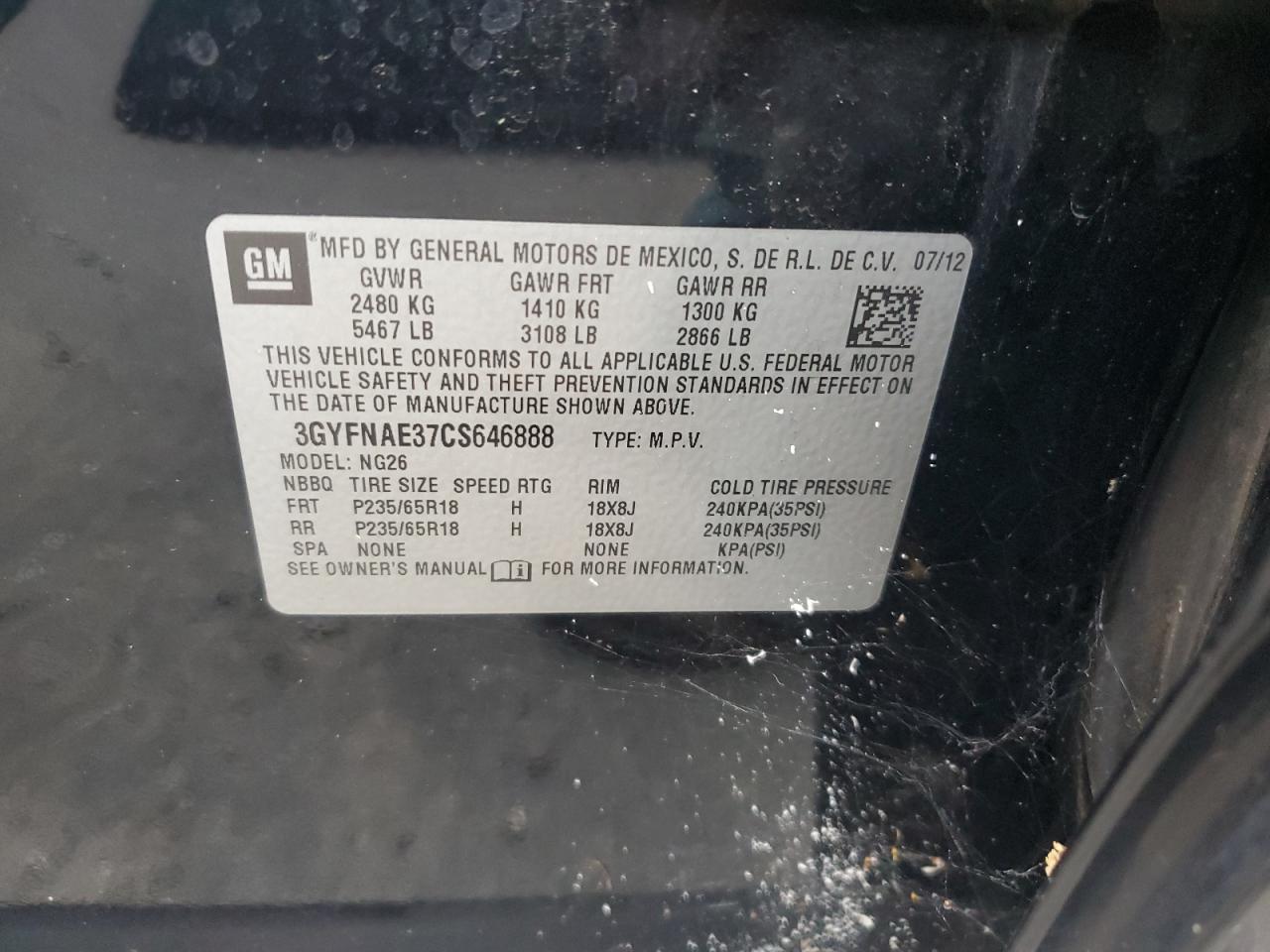 2012 Cadillac Srx Luxury Collection VIN: 3GYFNAE37CS646888 Lot: 66410065