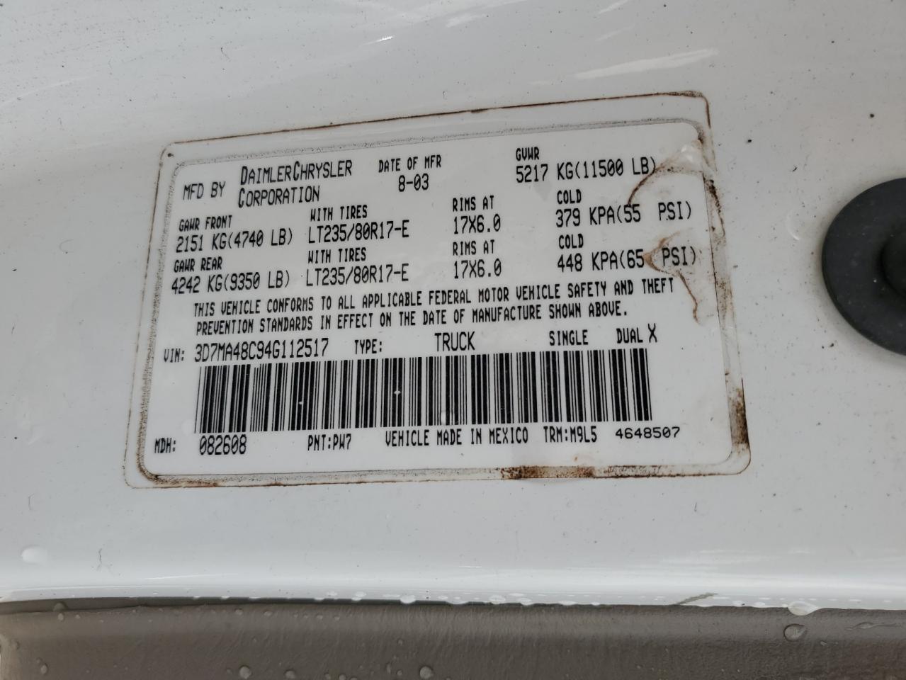 2004 Dodge Ram 3500 St VIN: 3D7MA48C94G112517 Lot: 66510125